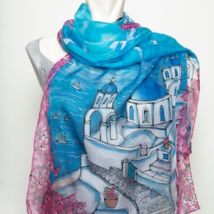 Santorini Hand Painted Silk Scarf Silk Chiffon Scarf Greece Santorini Print Travel Scarf Honeymoon Anniversary Gift Summer Scarf Gift 61X17 image 8