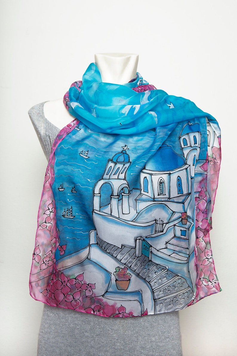 Santorini Hand Painted Silk Scarf Silk Chiffon Scarf Greece Santorini Print Travel Scarf Honeymoon Anniversary Gift Summer Scarf Gift 61X17 image 8