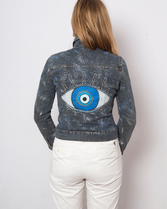 Evil Eye Hand Painted Denim Jacket Upcycled Denim… - image 2