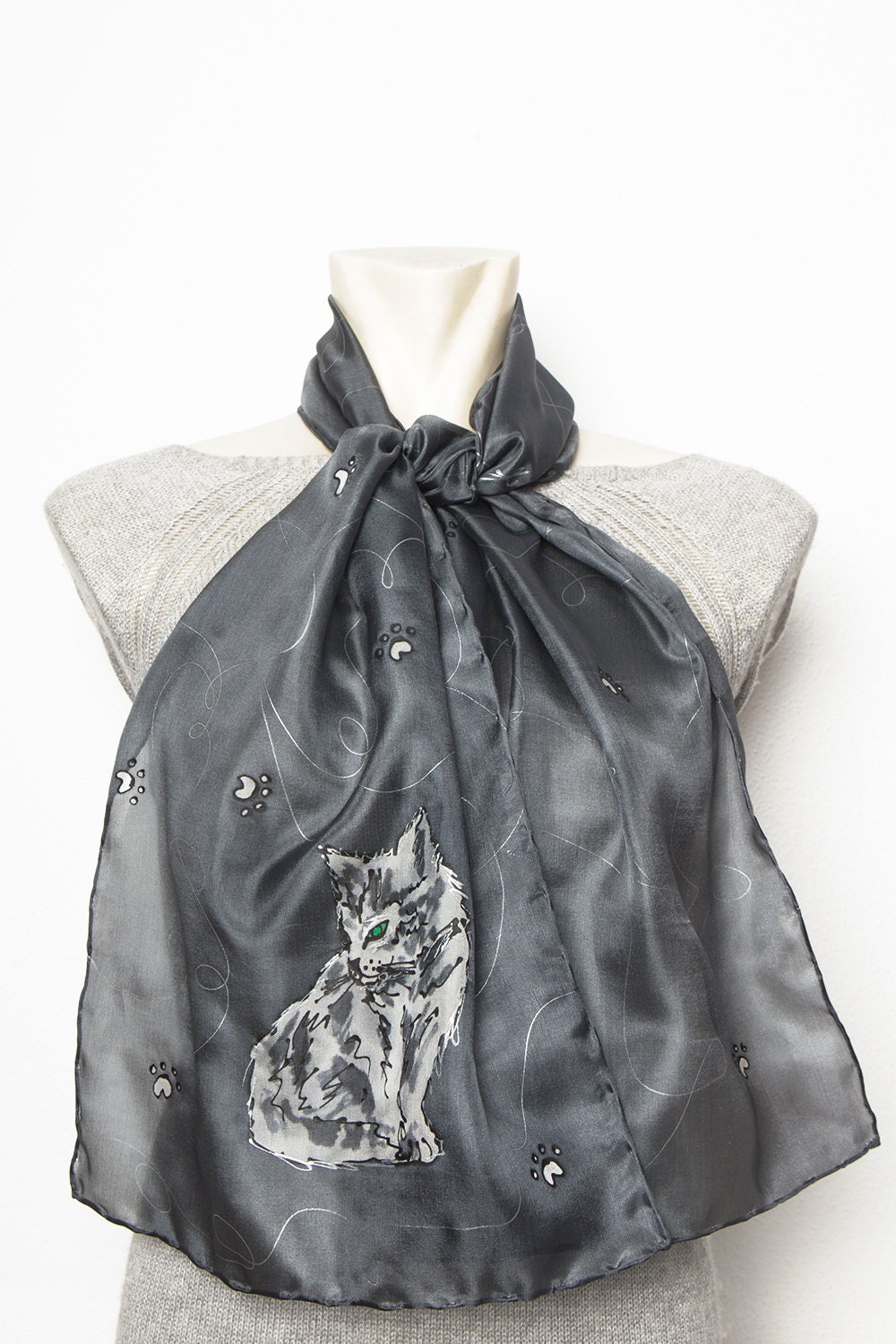 Cat Hand Painted Grey Silk Scarf Kitten Cat Mom Gift Grandma Gift