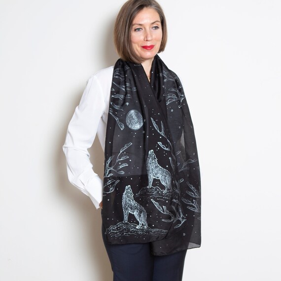 Howling Wolf Hand Painted Black Silk Scarf Full Moon Wolf Lover