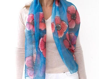 Poppy Print Hand Painted Blue Silk Scarf Birthday Gift Wife Gift 54X13