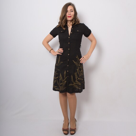 Black Linen Dress Upcycled Dress Hand Painted Dres