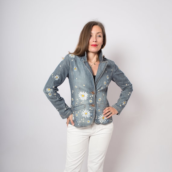 Hand Painted Jacket Denim Blazer Embroidered Denim