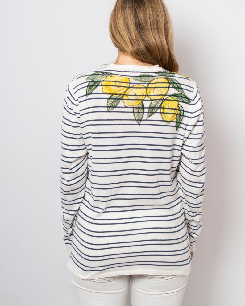 Lemon Print Striped Cotton Sweater Hand Painted Sweater Upcycled White Blue Striped Spring Sweater Long Sleeve Will fit S M Amalfi Style image 5