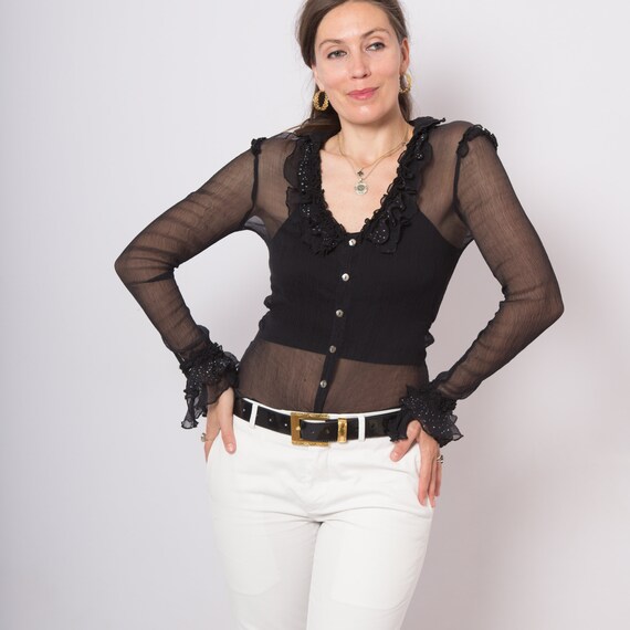 Black Silk Blouse Ruffle Blouse Goth Blouse Polka