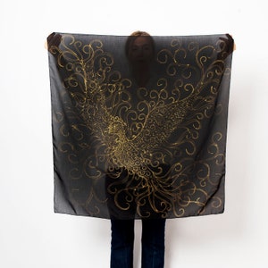 Phoenix Hand Painted Black Gold Scarf Phoenix Bird Phoenix Scarf Phoenix Gift Silk Square Scarf Birthday Gift Christmas Gift 36X36