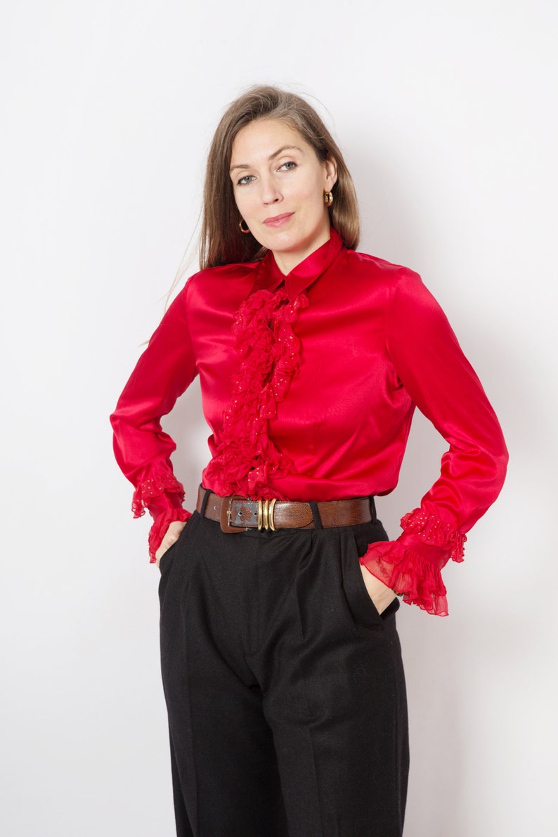 Red Silk Ruffle Blouse Silk Blouse Satin Blouse Long Sleeve Polka Dot Upcycled Blouse Hand Painted Blouse Silk Shirt Will fit S M Sizes image 9
