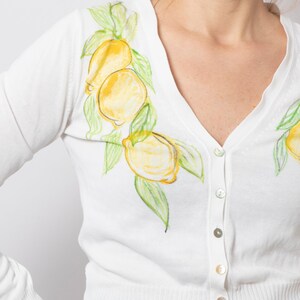 Lemon Print Italy Inspired Summer Cotton Cardigan Hand Painted Cardigan Upcycled Cardigan White Cotton Cardigan Sweater Will fit S Size image 3