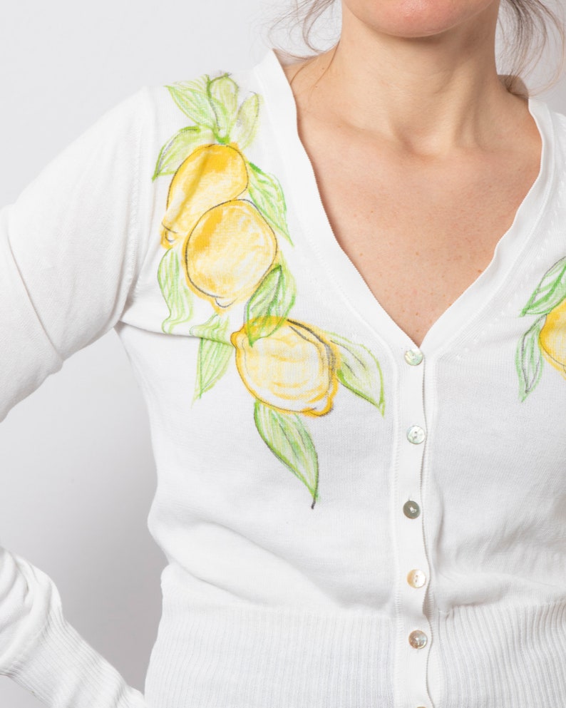 Lemon Print Italy Inspired Summer Cotton Cardigan Hand Painted Cardigan Upcycled Cardigan White Cotton Cardigan Sweater Will fit S Size image 3