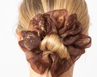 Brown Silk Organza Scrunchie Large Scrunchie 100% Silk Scrunchie Hand Dyed Neutral Spring Scrunchie Hair Accessories Scrunchie Gift for Her