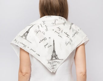 Foulard Carré Vintage En Soie Motif Tour Eiffel Et Monuments De Paris - Couleurs Jaune, Blanc, Marron - Ancien, Bon état