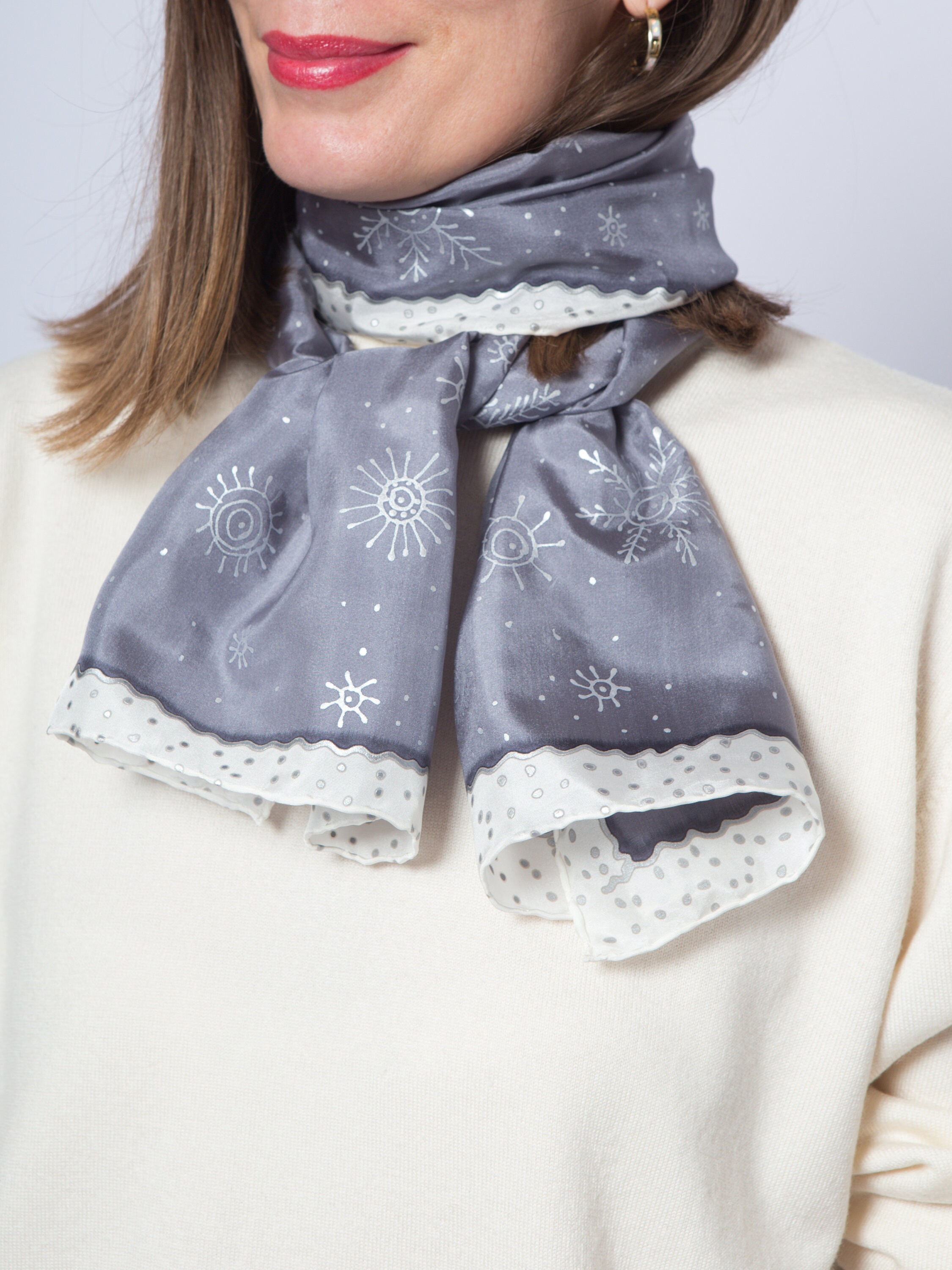 Snowflake Hand Painted Grey Silk Scarf Winter Let It Snow Scarf