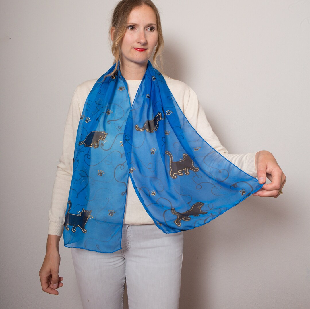Hand Painted Silk Scarf Cat Scarf Black Cat Silk Chiffon Scarf Etsy