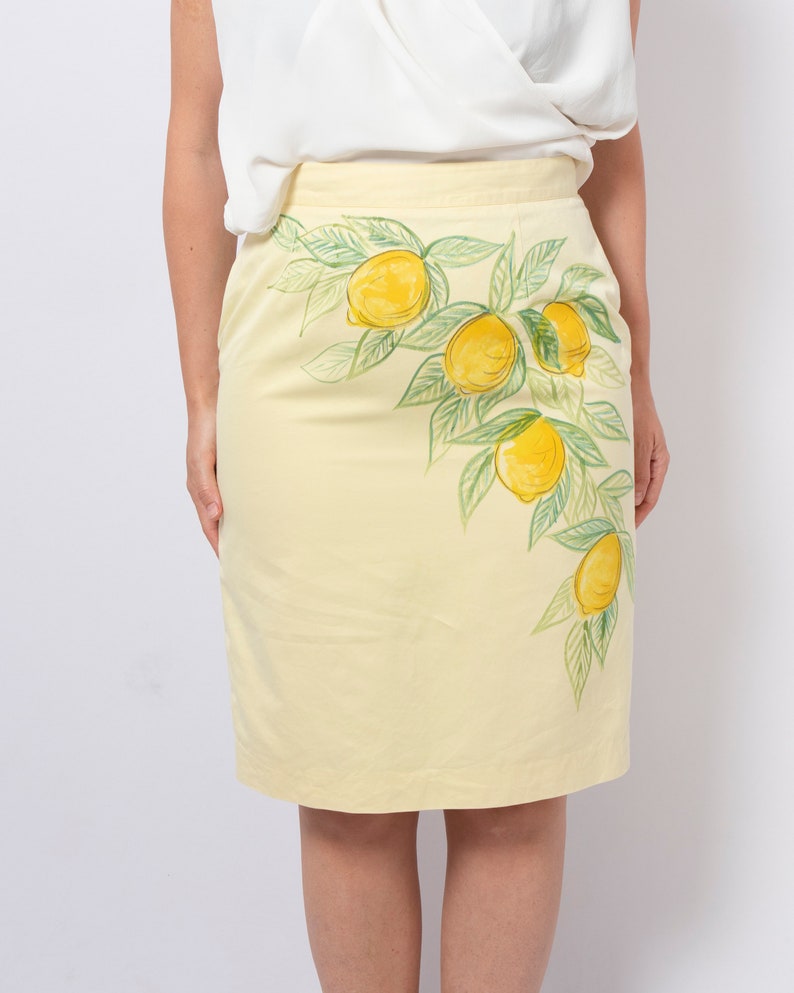 Lemon Print Hand Painted Skirt Floral Yellow High Waist Pencil Skirt Amalfi Italian Summer Holidays Lemon Italian Style Amalfi Coast Size M image 8