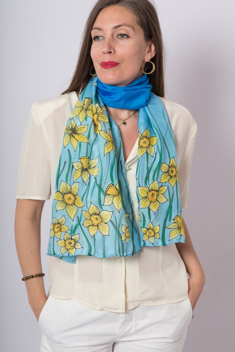 Daffodil Hand Painted Daffodil Print Long Silk Scarf Blue Silk Scarf Floral Silk Scarf Ombre Spring Pure Silk Scarf Birthday Gift 61X16 image 5