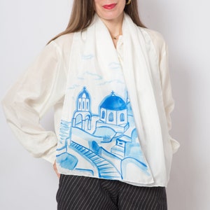 Santorini Greece Hand Painted Silk Scarf Blue White Summer Silk Scarf Greece Santorini Scarf Wedding Gift Greek Gifts Anniversary Gift 58X14