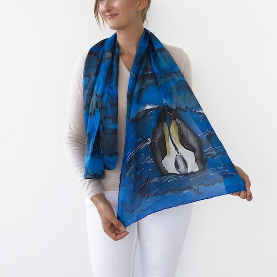 Penguin Hand Painted Blue Silk Scarf Antarctica North Pole Penguin