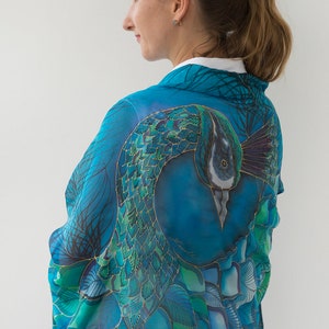 Peacock Scarf Hand Painted Silk Scarf Peacock Wing Scarf Chiffon Scarf Large Scarf Sarong Peacock Wedding Silk Shawl Pure Silk Scarf 70X35 image 2