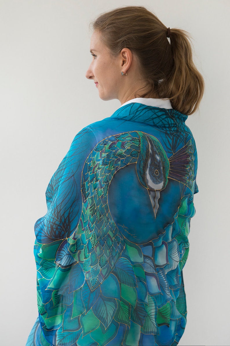 Peacock Scarf Hand Painted Silk Scarf Peacock Wing Scarf Chiffon Scarf Large Scarf Sarong Peacock Wedding Silk Shawl Pure Silk Scarf 70X35 image 2