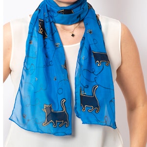 Hand Painted Silk Scarf Cat Scarf Black Cat Silk Chiffon Scarf Cat Print Blue Silk Scarf Cat Lover Gift Cat Mom Gift Mother Day Gift54X13 image 5