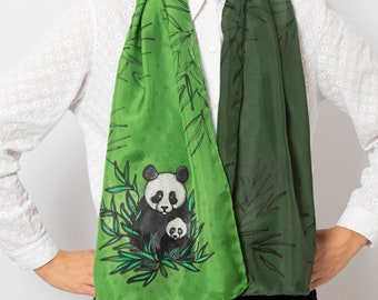 Panda Bear Hand Painted Silk Scarf Green Silk Scarf Spring Scarf Animal Print  Panda Print Panda Lover Gift Panda Gifts Birthday Gift 53X14