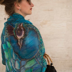 Peacock Scarf Hand Painted Silk Scarf Peacock Wing Scarf Chiffon Scarf Large Scarf Sarong Peacock Wedding Silk Shawl Pure Silk Scarf 70X35 image 10