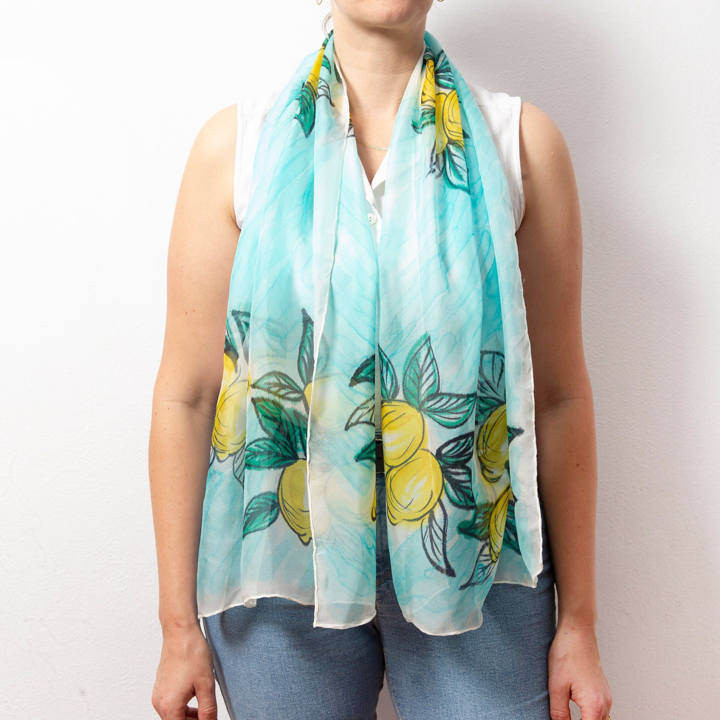 Amalfi Lemon Print Hand Painted Silk Scarf Blue Silk Chiffon Scarf