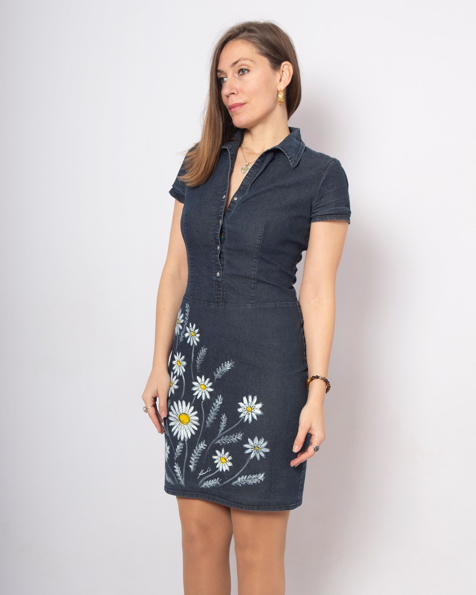 Floral Denim Dress Hand Painted Dress Upcycled Dress Daisy Etsy