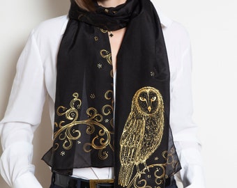 Barn Owl Hand Painted Silk Scarf Owl Scarf Silk Cotton Scarf Owl Shawl Black Gold Scarf Bird Lover Gift Long Scarf Birthday Gift 68X17