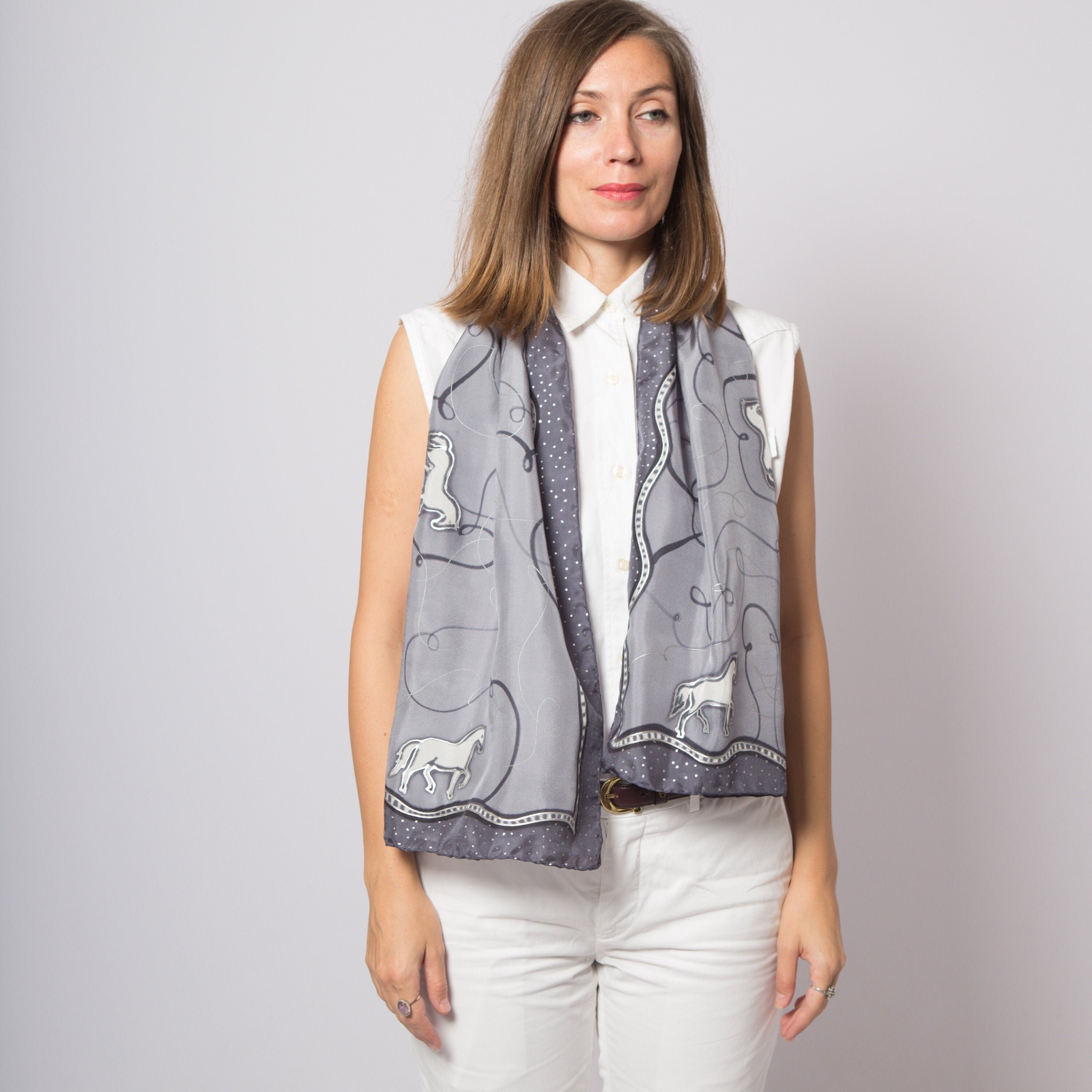 Horse Year Hand Painted Grey Silk Scarf Equestrian Horse Lover