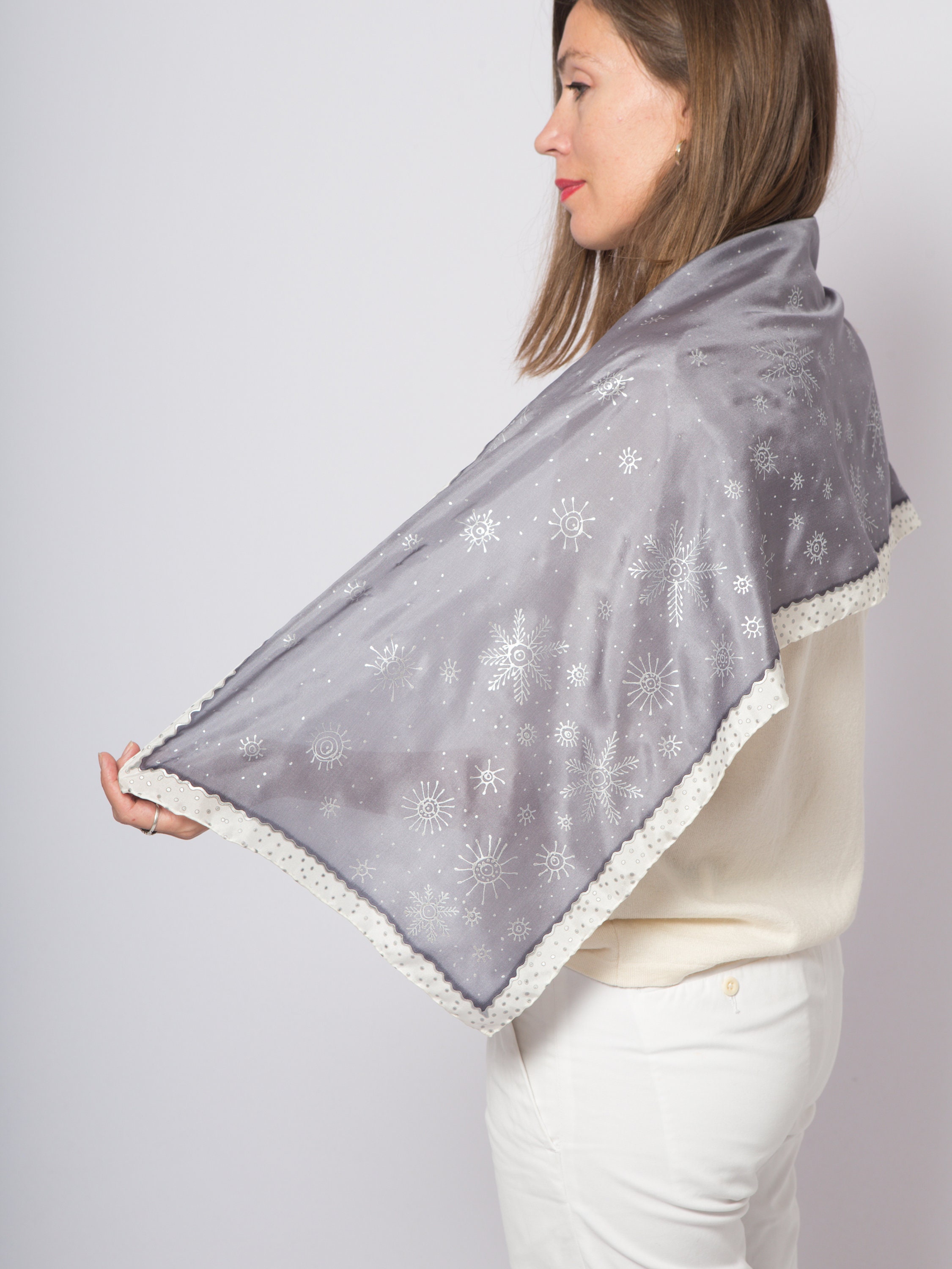 Snowflake Hand Painted Grey Silk Scarf Winter Let It Snow Scarf