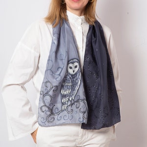 Owl Hand Painted Silk Scarf Owl Print Scarf Bird Scarf Ombre Grey Silk Scarf Owl Gifts Bird Lover Gift Winter Scarf Christmas Gift 52X14