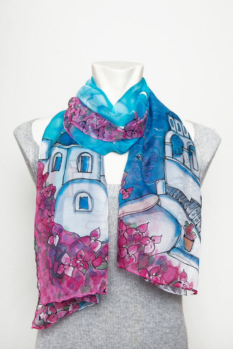 Santorini Hand Painted Silk Scarf Silk Chiffon Scarf Greece Santorini Print Travel Scarf Honeymoon Anniversary Gift Summer Scarf Gift 61X17 image 9