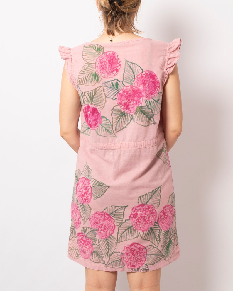 Hydrangea Dress Summer Linen Dress Pink Pull On Linen Dress Hand Painted Short Sleeve Linen Sundress Dress Will fit S M Sizes image 6