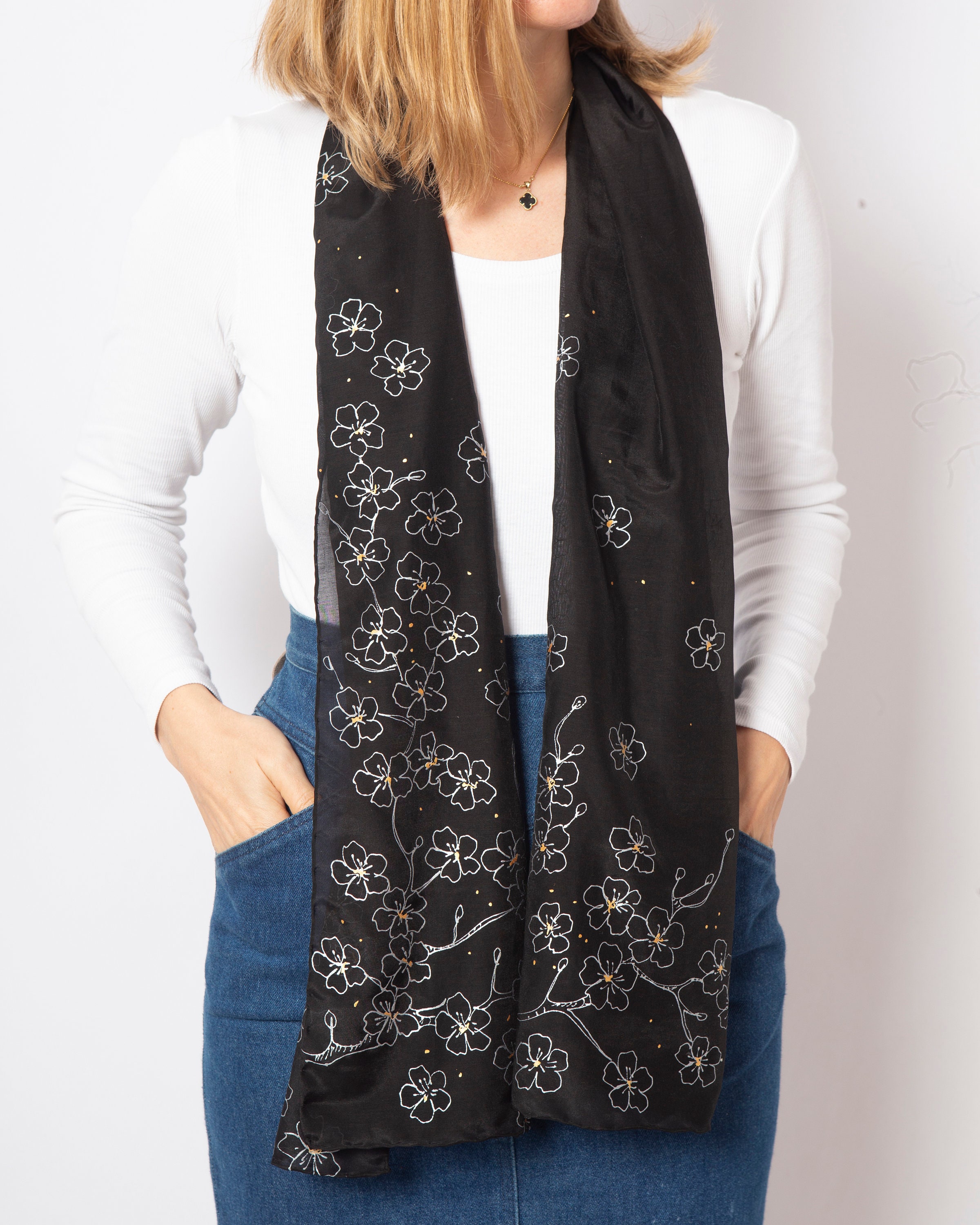 Sakura Hand Painted Black Silk Scarf Cherry Blossom Shawl Mom Gift - Etsy