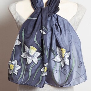 Daffodil Hand Painted Grey Ombre Floral Silk Spring Scarf Mom Gift 53X14 image 2
