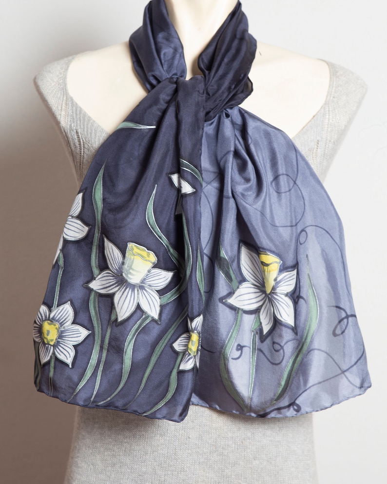 Daffodil Hand Painted Grey Ombre Floral Silk Spring Scarf Mom Gift 53X14 image 2