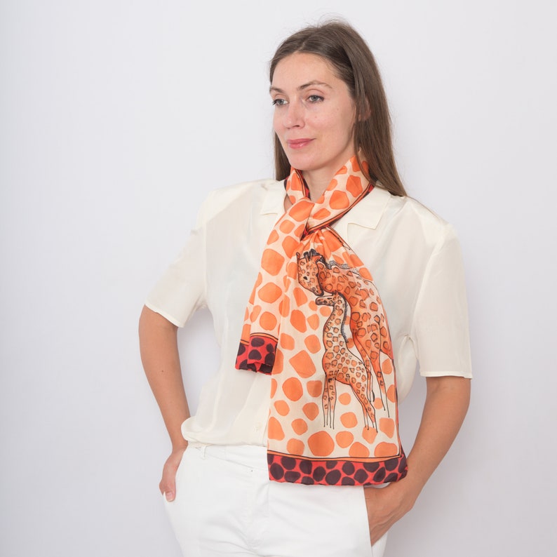 Giraffe Hand Painted Silk Scarf Red Beige Africa Giraffe Print Foulard Animal Print Scarf Travel Scarf Summer Scarf Women Gift for Her 52X14 image 2