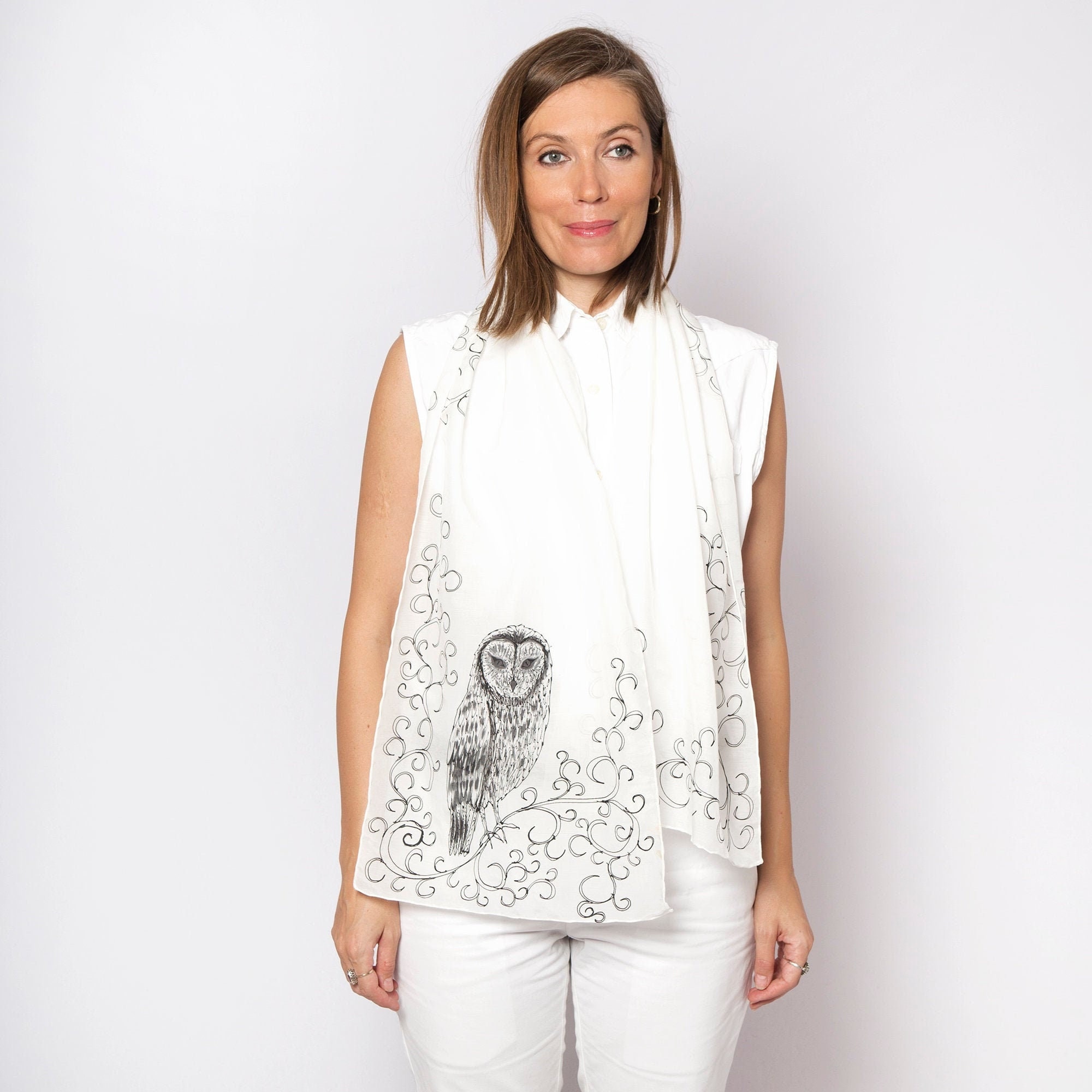 Owl Print Hand Painted White Silk Scarf Bird Lover Scarf Owl Gift Birthday Gift 60X13