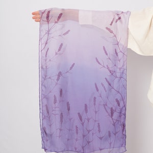 Lavender Hand Painted Scarf Silk Scarf Ombre Lilac Purple Floral Print Scarf Silk Scarf Women Gift for Her Summer Scarf 52X14 image 9