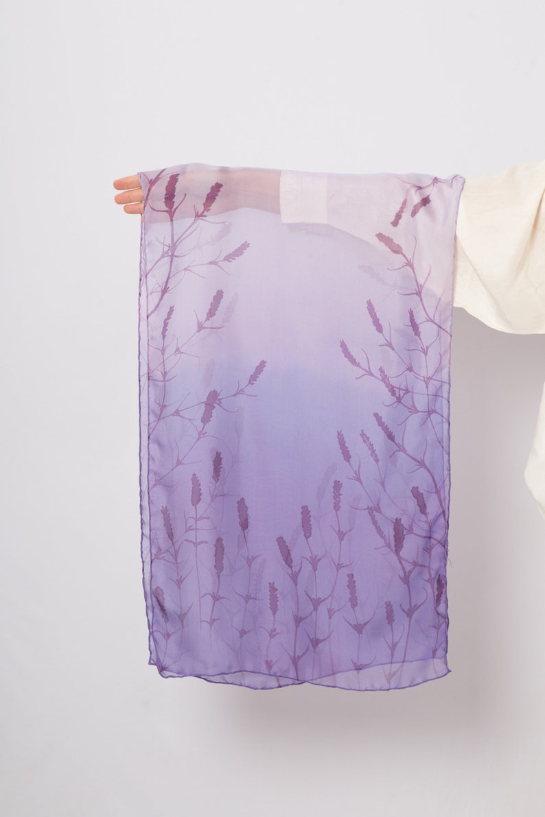 Lavender Hand Painted Scarf Silk Scarf Ombre Lilac Purple Floral Print Scarf Silk Scarf Women Gift for Her Summer Scarf 52X14 image 9