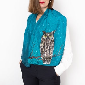 Horned Owl Hand Painted Silk Scarf Owl Scarf Blue Silk Scarf Bird Scarf Winter Scarf Bird Lover Gift Birthday Gift Owl Gift Xmas Gift 54X14