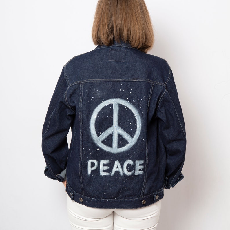 Peace Hand Painted Denim Jacket Dark Denim Jacket Ukraine No War Unisex Peace Symbol Galaxy Print Dark Jean Jacket Will fit M L XL Sizes image 1