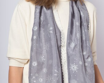 Snowflake Hand Painted Grey Silk Scarf Winter Let It Snow Scarf