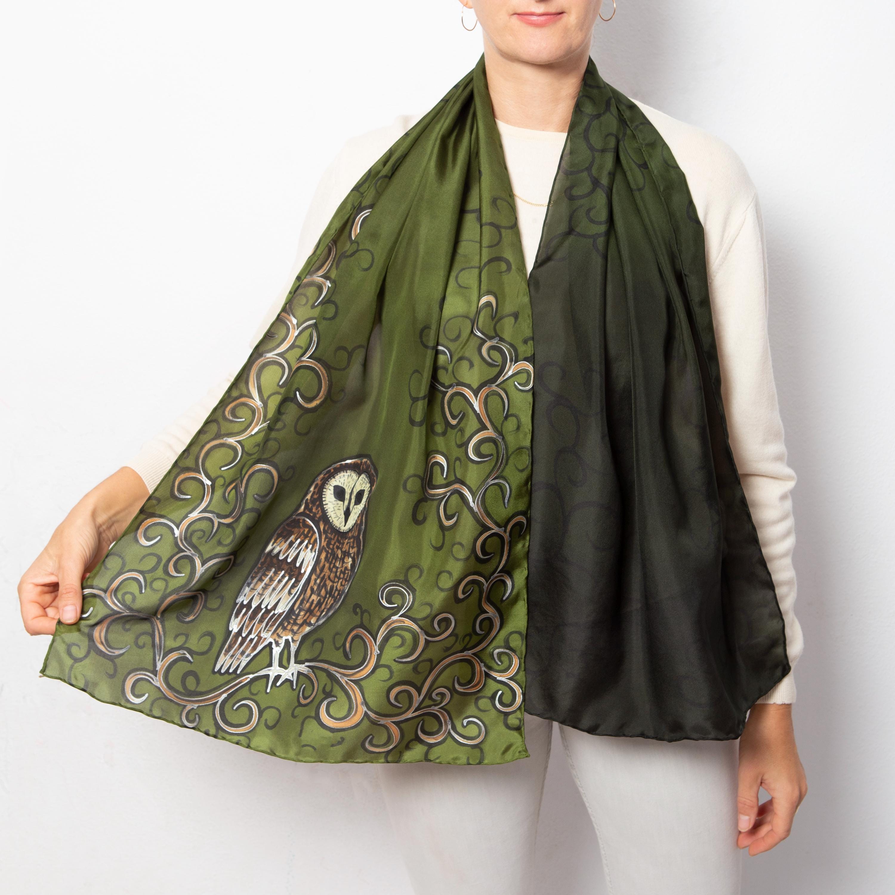 Owl Hand Painted Green Silk Scarf Owl Lover Christmas Gift  61X18