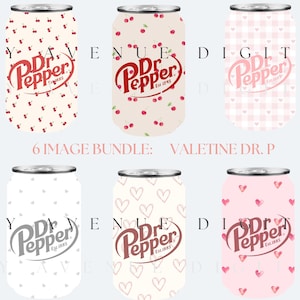 Paquete de 6 imágenes: San Valentín Dr. P Soda PNG: descarga digital para Cricut, prensa térmica, bricolaje; corazones rosados, cuadros vichy, acuarela, cerezas