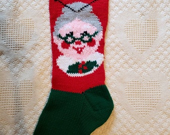 Hand knit Mrs. Santa Claus Christmas stocking- Ready To Ship