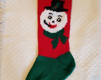Hand knit snowman Christmas Vintage stocking- Ready to Ship
