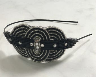 Black & White Art Deco Beaded and Sequined Crystal Headband // Handmade 1920's Style Accent Headpiece with Oval and Round Shapes